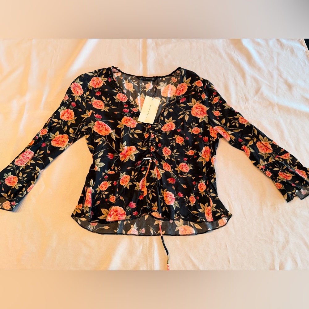 NWT Zara Woman Floral Black Blouse Size Large